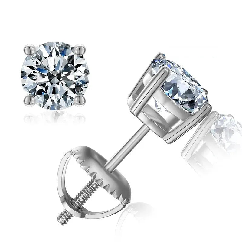 Geometric moissanite stud earrings with four claw screw fastening on silver plating