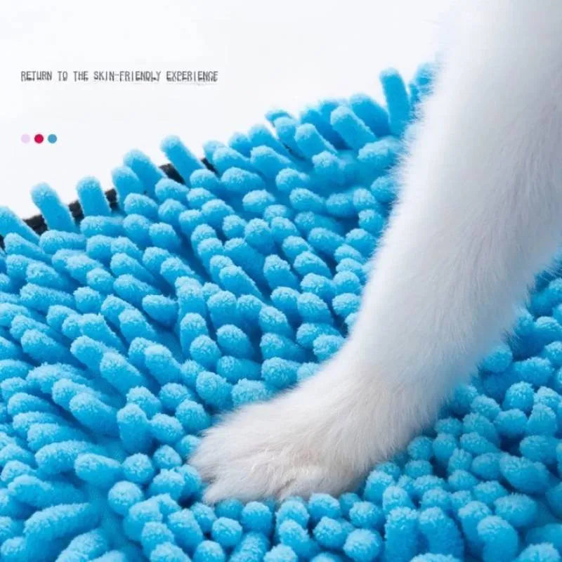 Blue dog bath robe towel laid flat showing 62cm by 23cm size and soft fibre texture