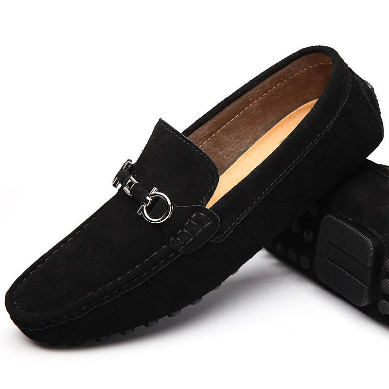 Men's matte cowhide leather slip-on shoes with square toe and rubber sole in black colour