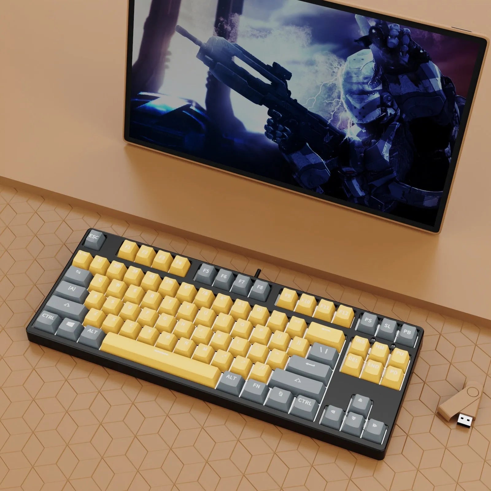 87-key wired mechanical keyboard with two-tone keycaps in orange and yellow colour combination