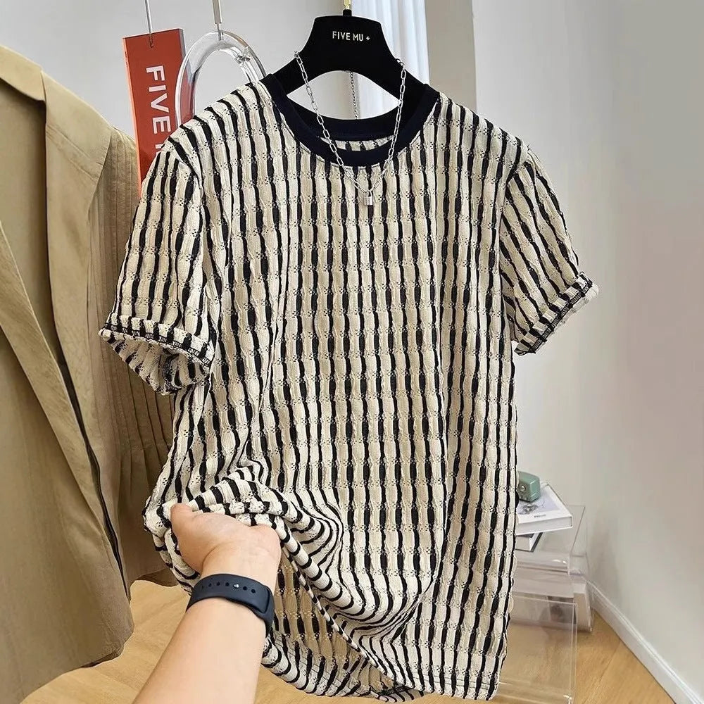 Black and white striped men's loose fit short sleeve casual pullover shirt