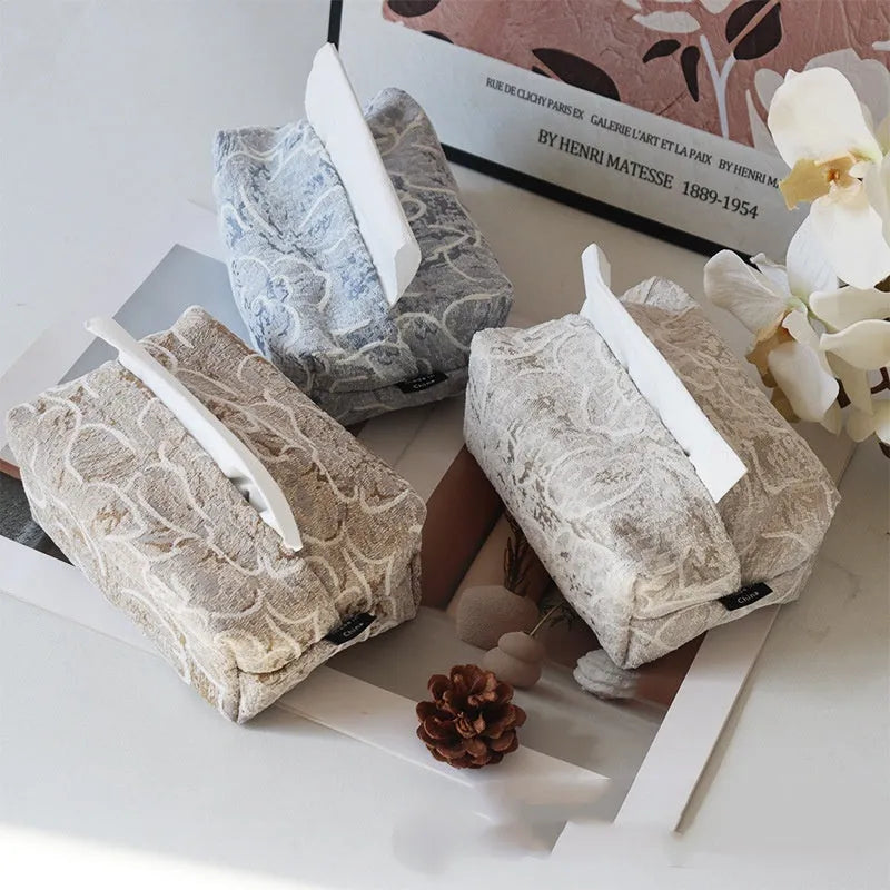 Chinese pastural style cotton tissue box drawer in beige with rose fabric pattern, dimensions 17x11x7cm.