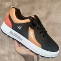 Men's white casual shoes with orange accents, artificial PU upper and round toe