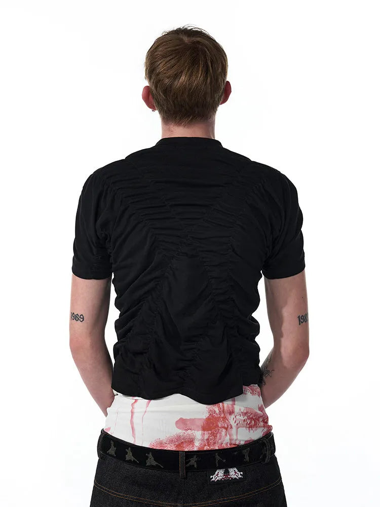 Black men's slim fit short sleeve summer shirt with printed design and round neck collar