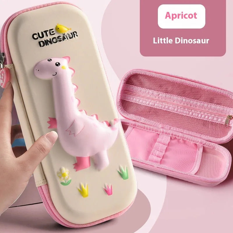 3D leather pencil case showing embossed astronaut and dinosaur design options.