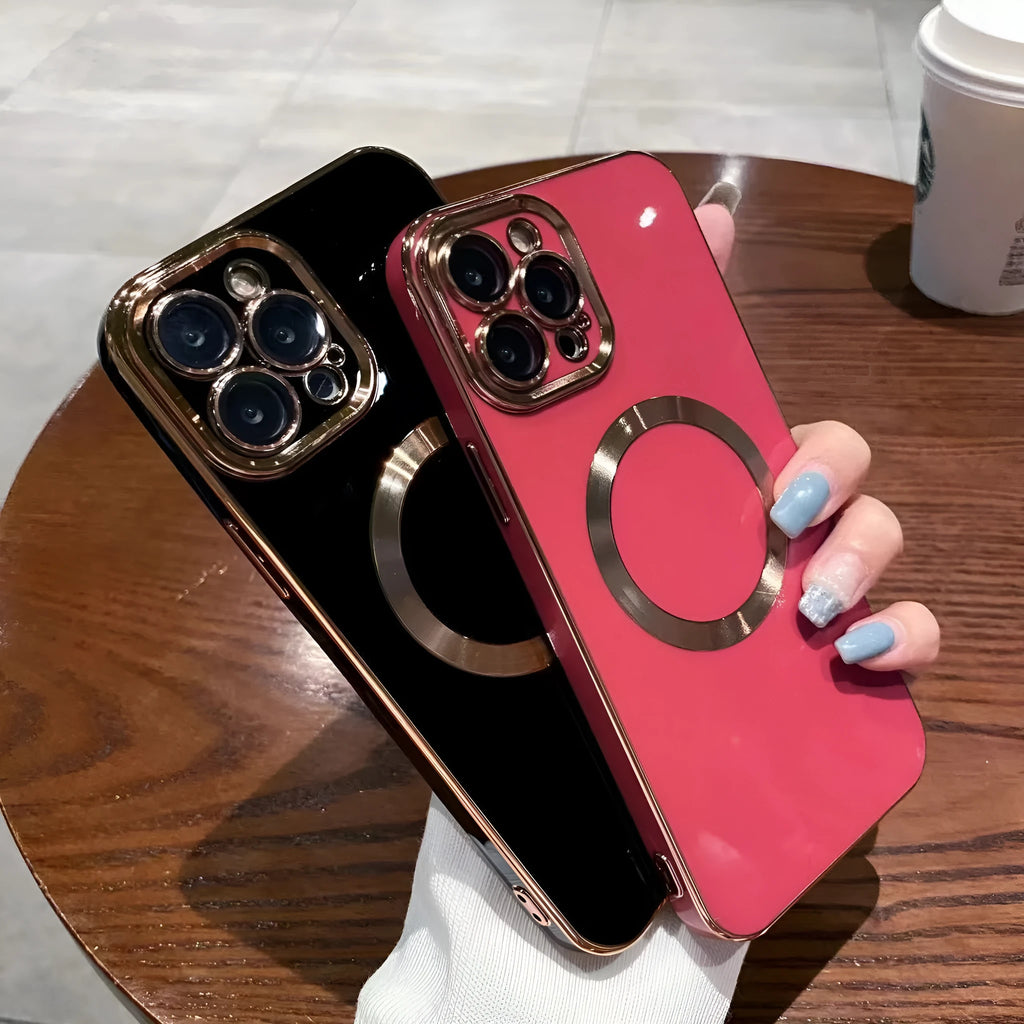Magnetic phone case for iPhone 15 and 16 in cherry purple, made of electroplated TPU with brushed 6D finish.