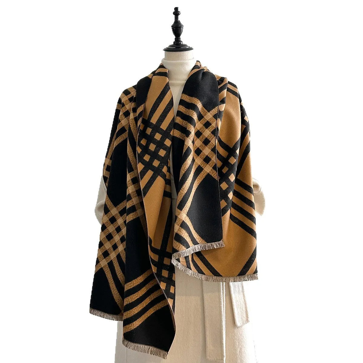 Brown cashmere-like scarf with tassel ends measuring 185cm long by 65cm wide