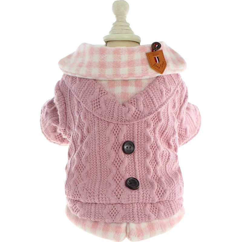 Blue wool plaid dog sweater with fleece lining and matching cotton jacket set