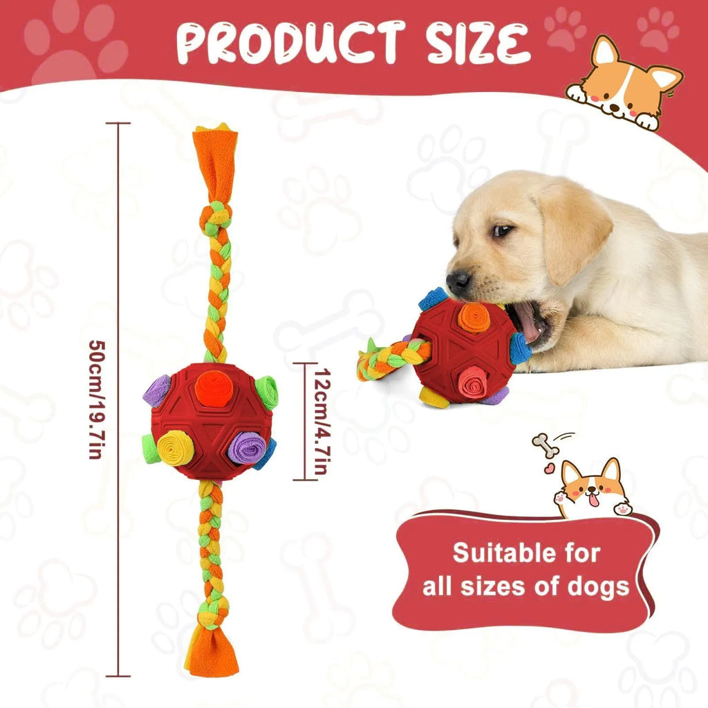 Blue Sniffing Ball dog puzzle toy for IQ training and treat dispensing on a wooden floor