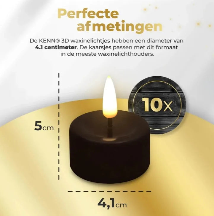 Four black LED tealight candles showing flameless illumination with battery compartment