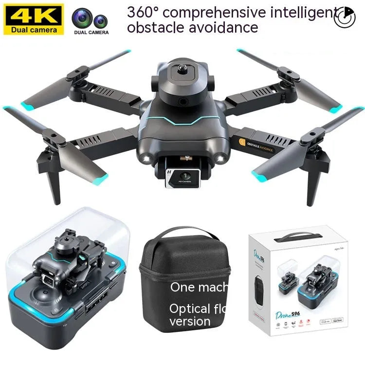 Black four-axis obstacle avoidance drone with mini design under 30cm, shown with dual camera configuration.