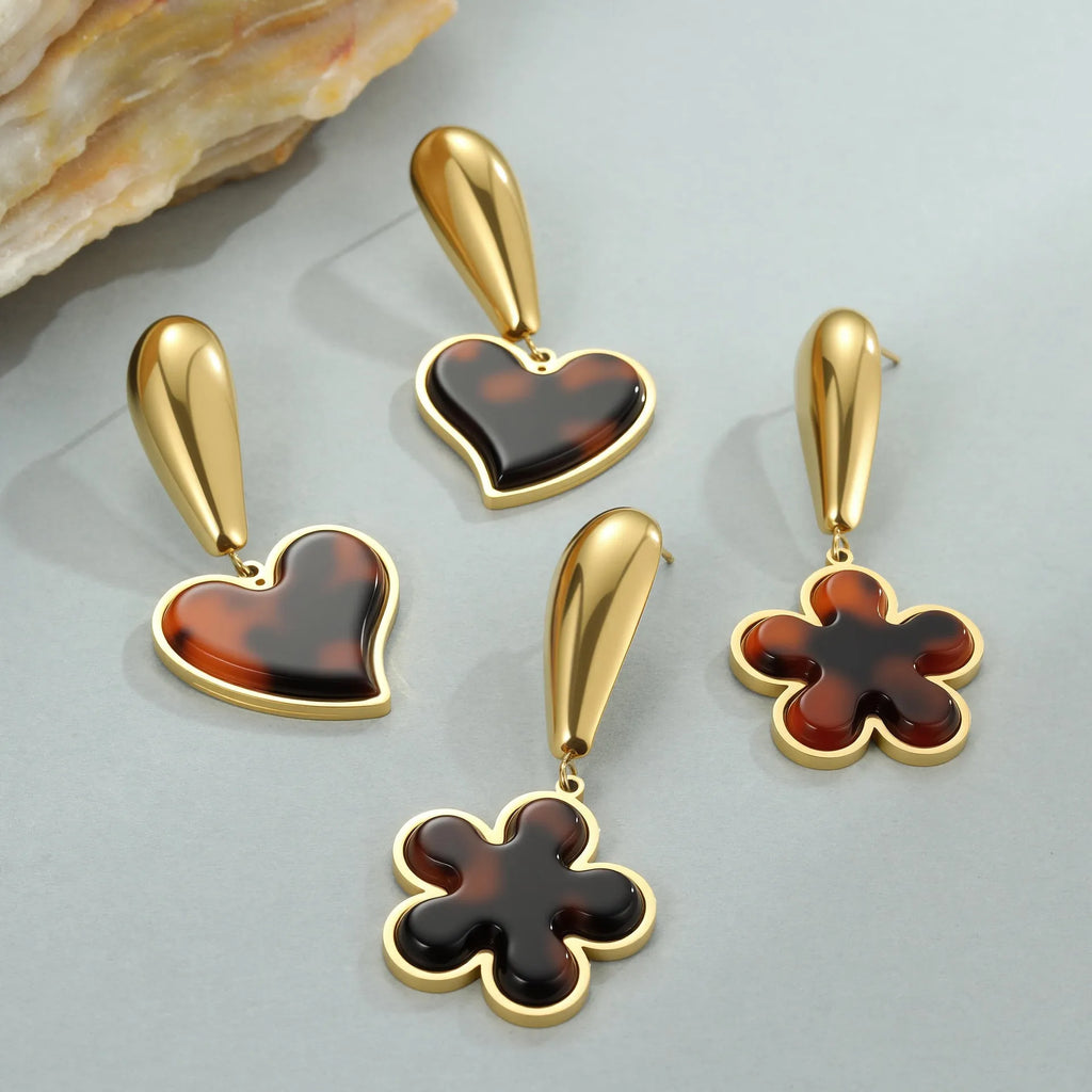 Tortoiseshell resin hawksbill colour earrings with 18K electroplated stainless steel in heart or flower geometric designs