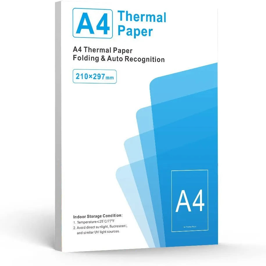 White A4 thermal paper roll for portable thermal printers, shown with 100-sheet and 200-sheet packaging options.