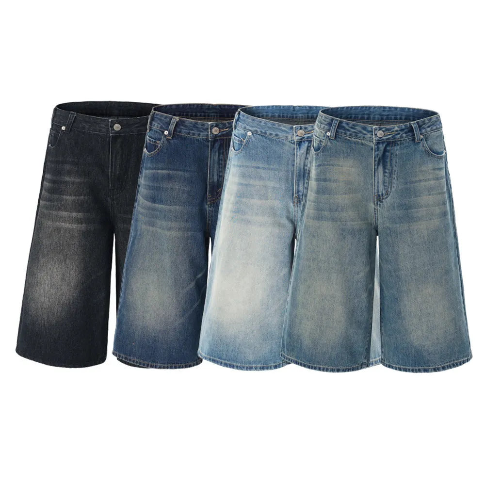Cropped straight-leg denim shorts in light blue colour showing loose fit styling