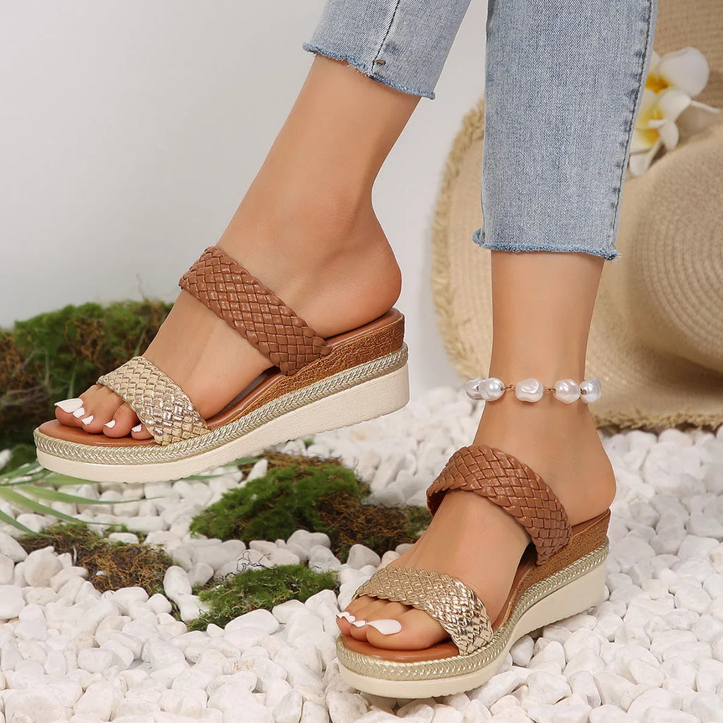 Gold wedge sandals for women in plus sizes with PU upper and rubber sole