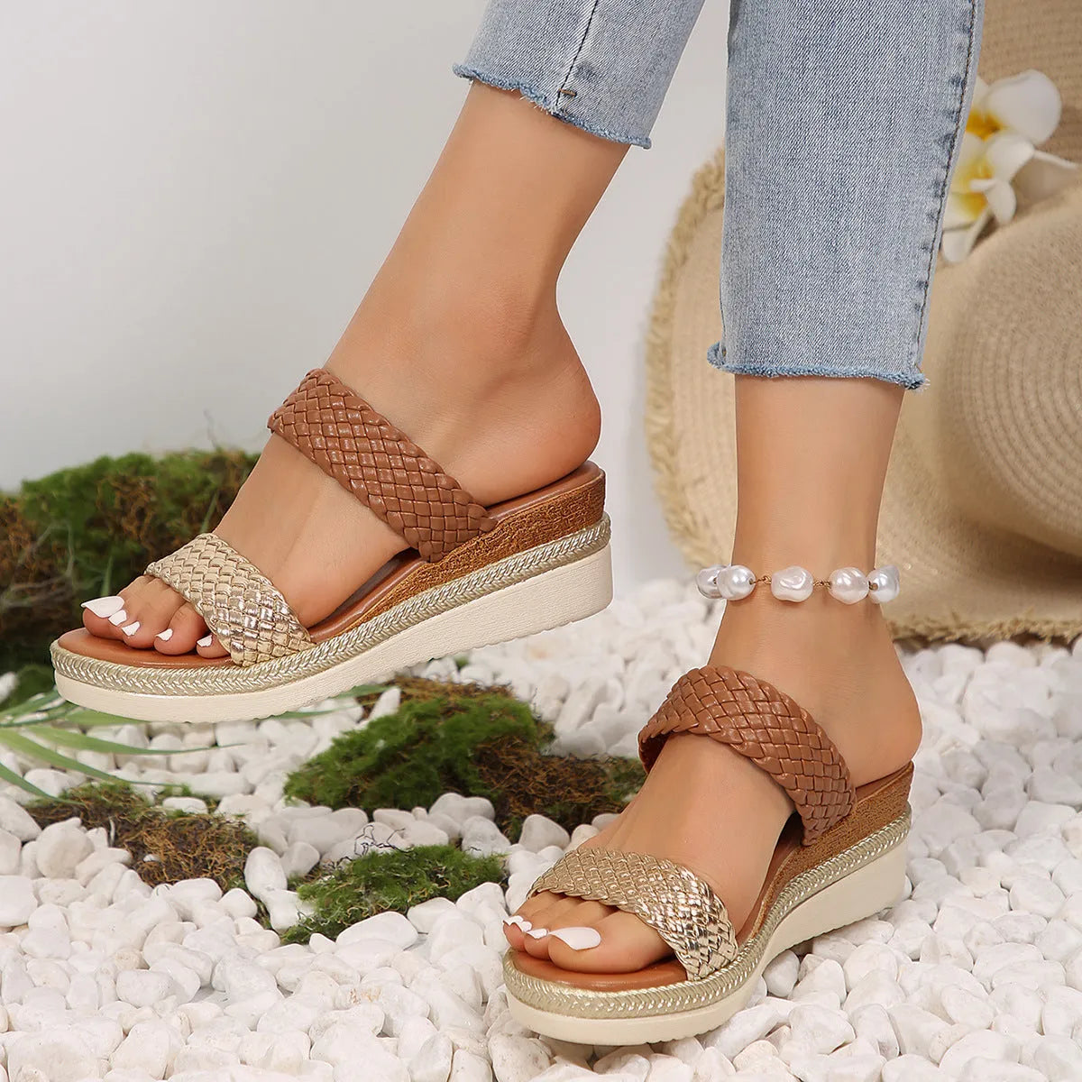 Gold wedge sandals for women in plus sizes with PU upper and rubber sole