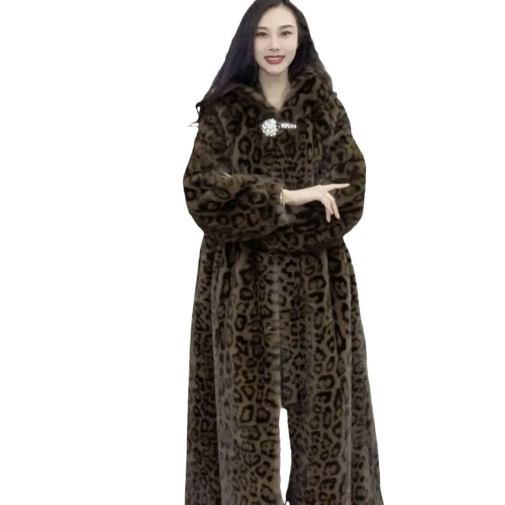 Loose-fitting plus size long faux fur coat in brown leopard print colour, showing regular sleeves and long hem.