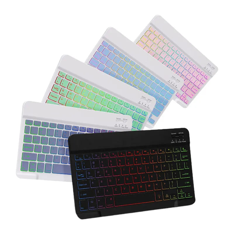 iPad in a black TPU protective case with a connected luminous RGB backlit Bluetooth keyboard on a table.