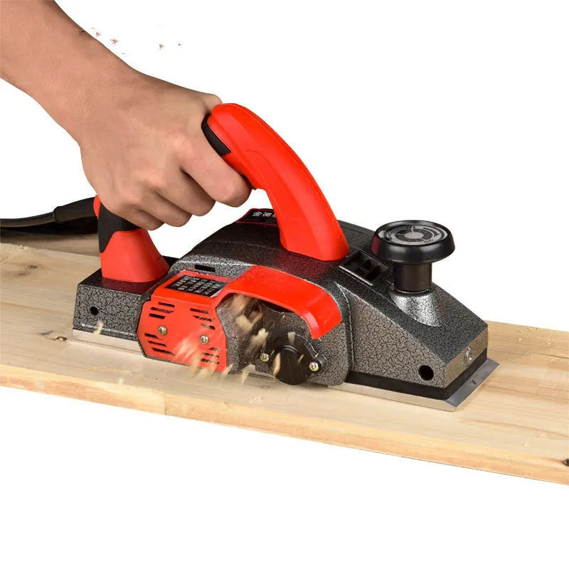 Red desktop electric push planer woodworking tool with aluminium housing