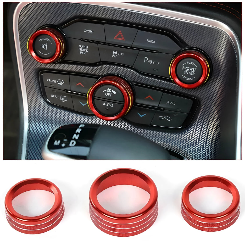 Aluminium alloy decorative ring for Dodge Grand Cherokee AC knob in various colours including blue, black, and gold for 2015-2022 models.
