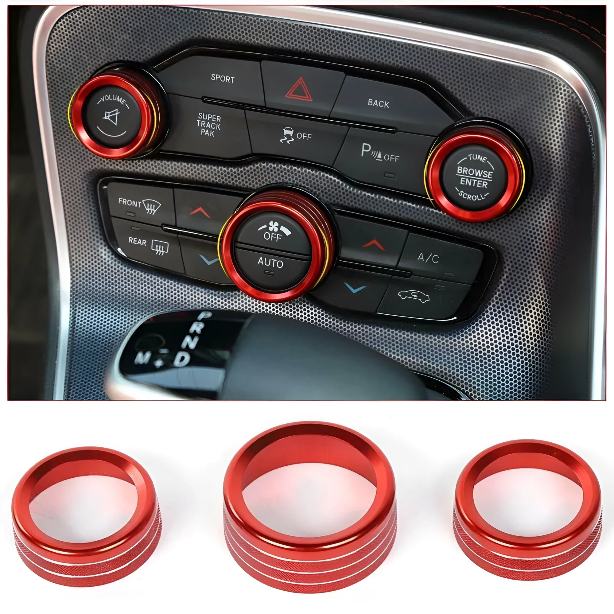 Aluminium alloy decorative ring for Dodge Grand Cherokee AC knob in various colours including blue, black, and gold for 2015-2022 models.