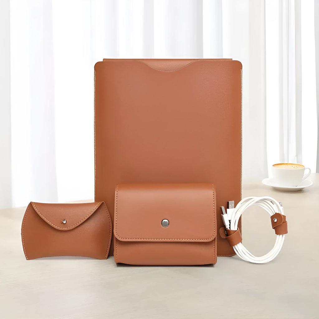 Four piece set of lock edge imitation leather laptop liners in brown gray apricot and light pink for MacBook and tablets