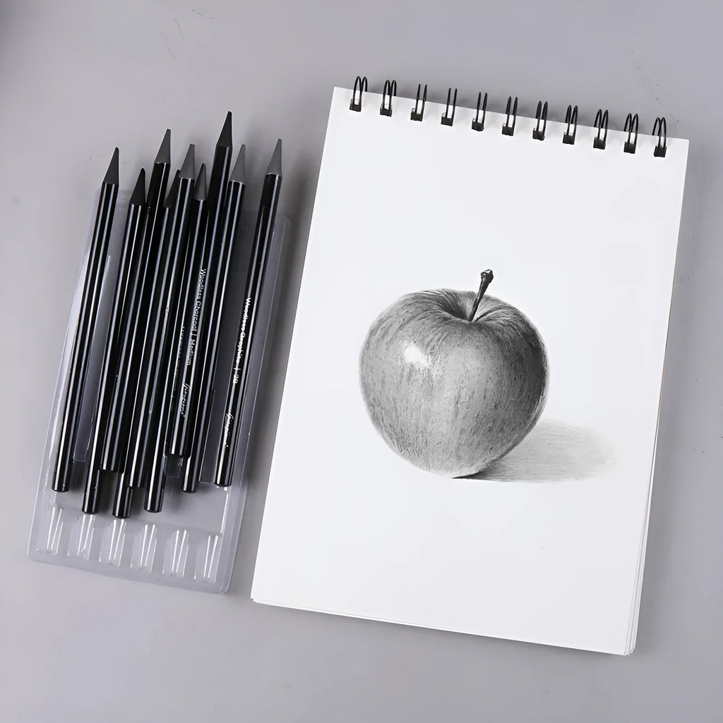 Graphite and carbonized pencil set showing six graphite pencils and three darker carbonized pencils on suction card packaging