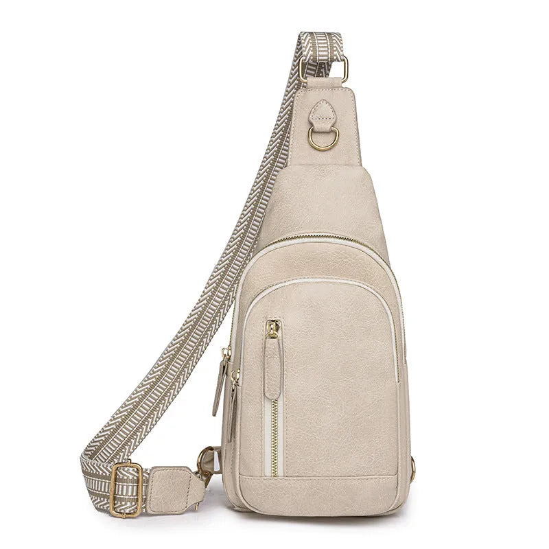 Women's soft PU messenger chest bag in beige with open pocket and stitching detail