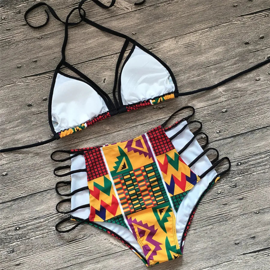Women's high waist bikini swimsuit with digital printing pattern and backless design
