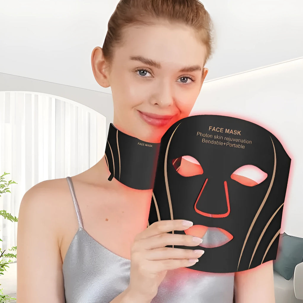 Black gold IPL LED photon beauty facial mask device with headband and scarf accessory