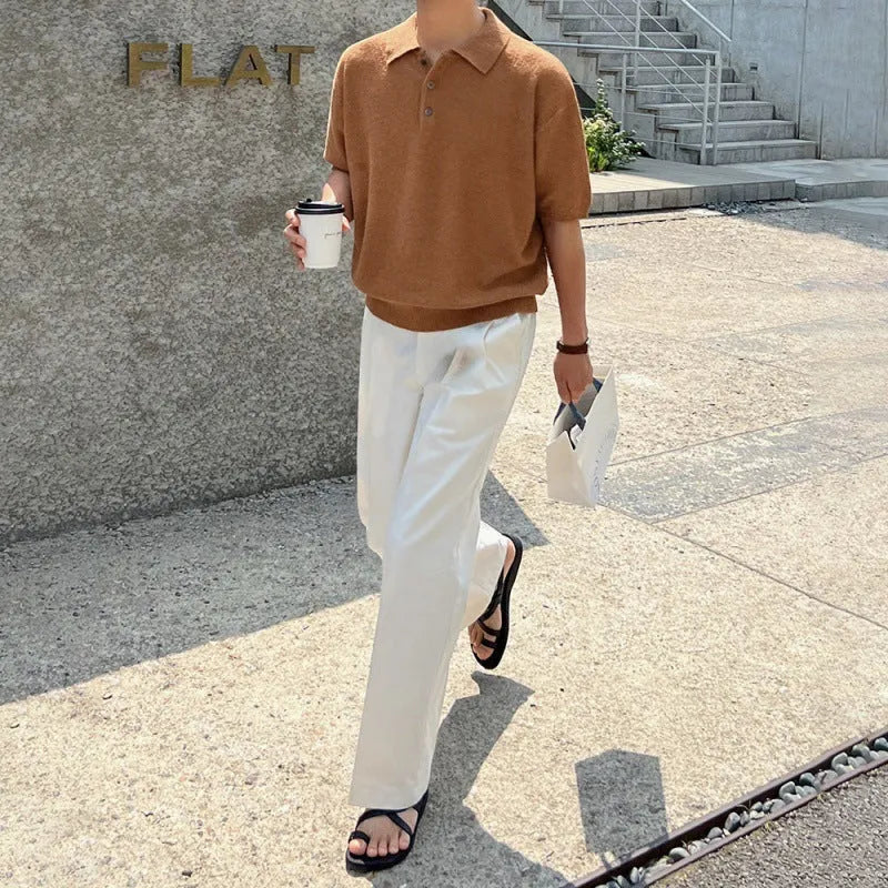 Men's caramel retro knitted polo shirt with asymmetric design and short sleeves on hanger