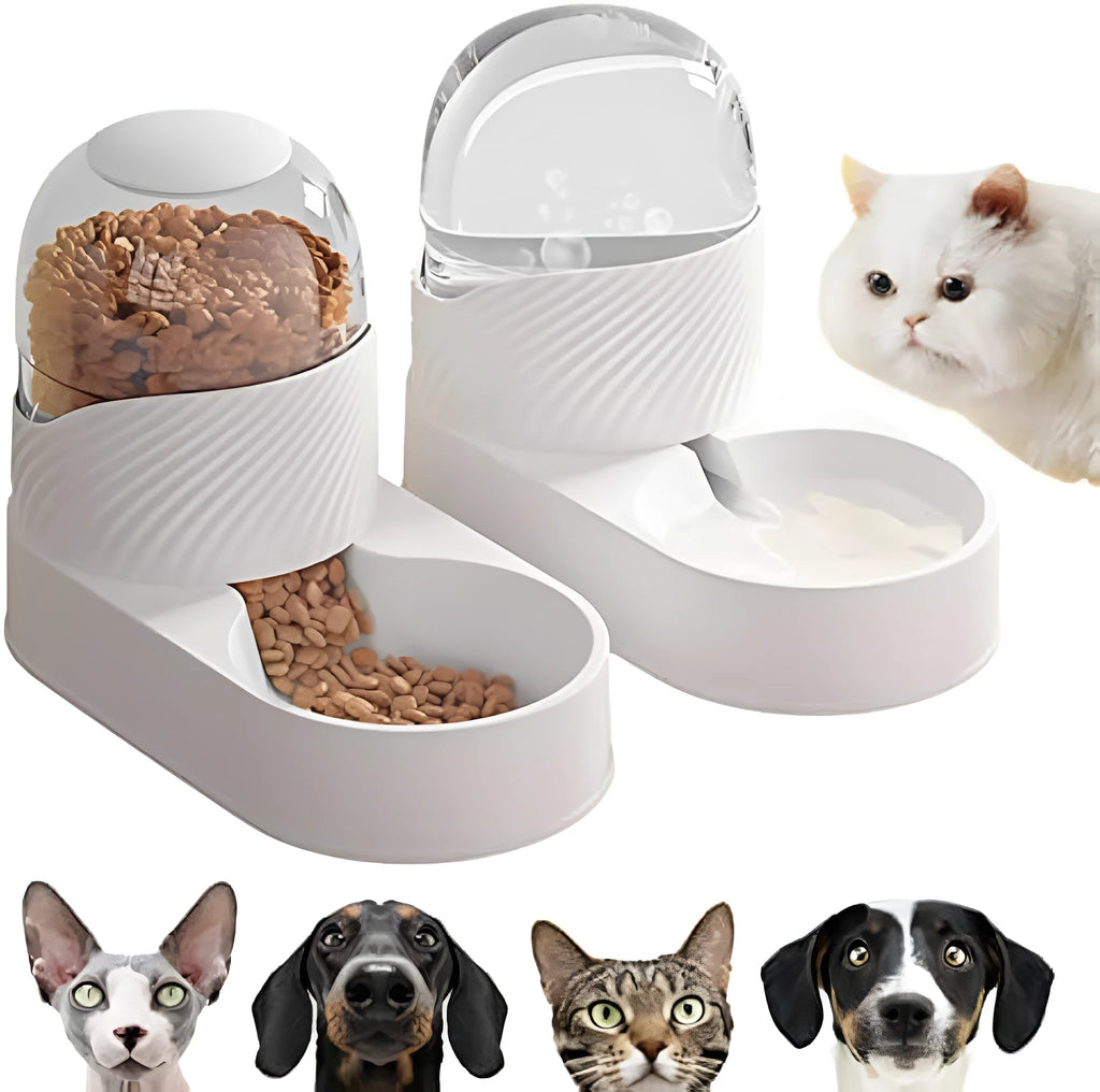 White automatic gravity cat feeder and water dispenser set with wave-shaped design.