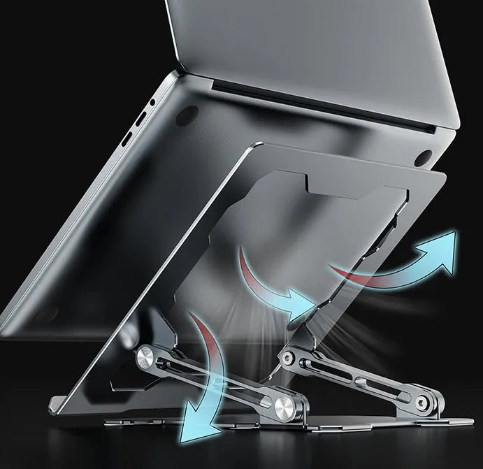 Grey aluminium laptop stand with adjustable angle and foldable design for 15-inch notebooks