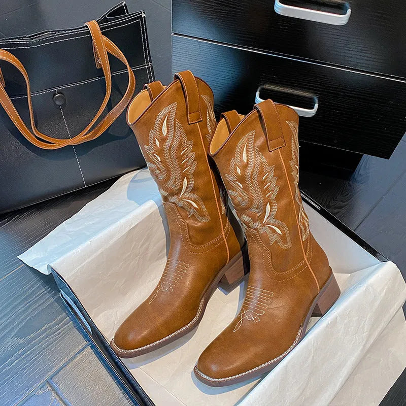 Brown women's embroidered martin boots with mid-calf length and square low heel
