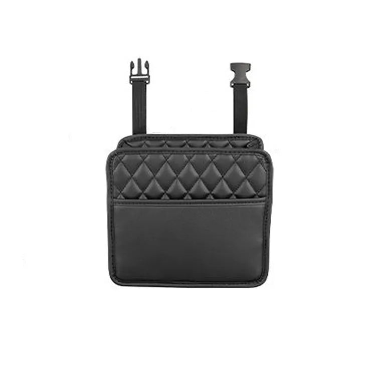 Leather hanging storage bag for car interior, shown in black, mounted on a car seat.
