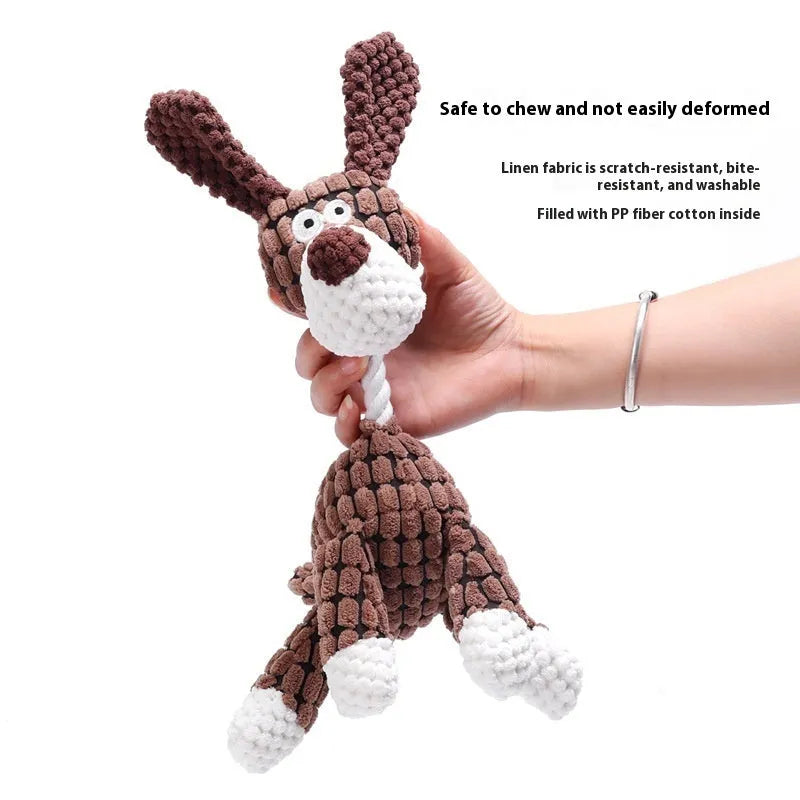 Bite-resistant plush dog chew toy showing donkey, duck, and elephant style options with squeaker