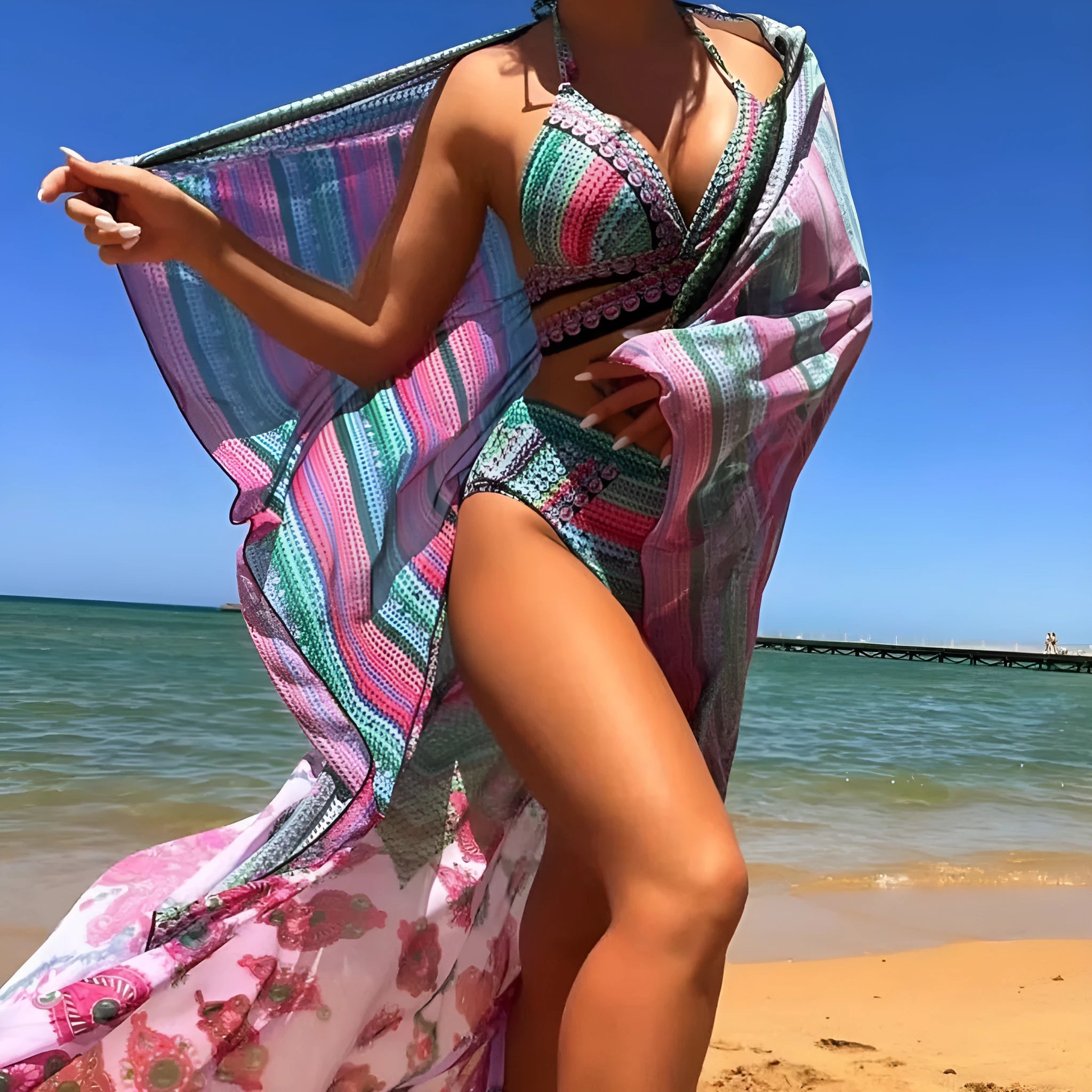 Women's cross bandage bikini three-piece swimsuit set with high-waisted bottoms and smock veil