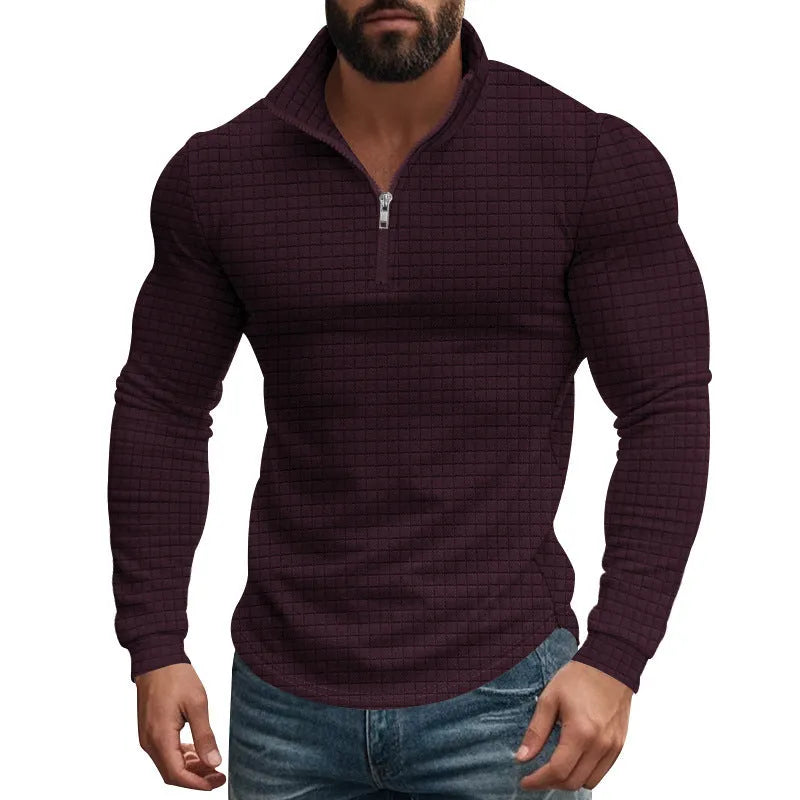 Half zip plaid pullover sweater with stand collar and long sleeves in white, black, wine red, army green, khaki or grey.