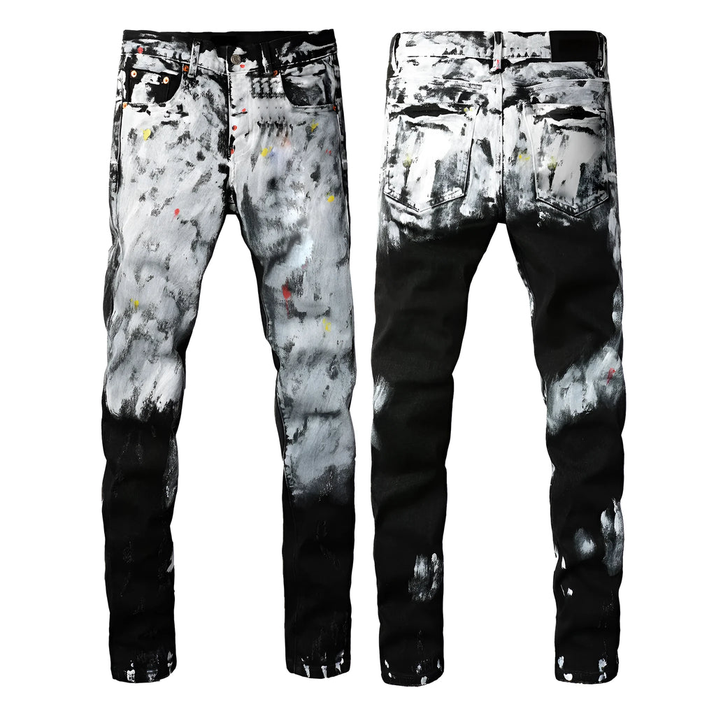 Men's black slim fit skinny jeans with a straight leg and cardigan button detail on the fly.