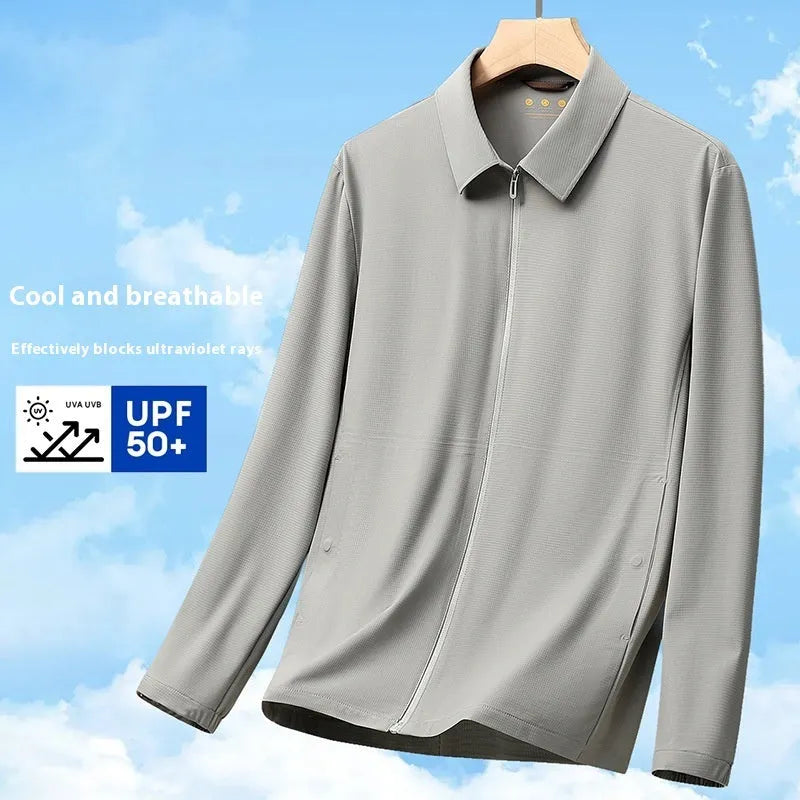 Navy blue lapel collar business shirt in ice silk fabric for summer sun protection at work