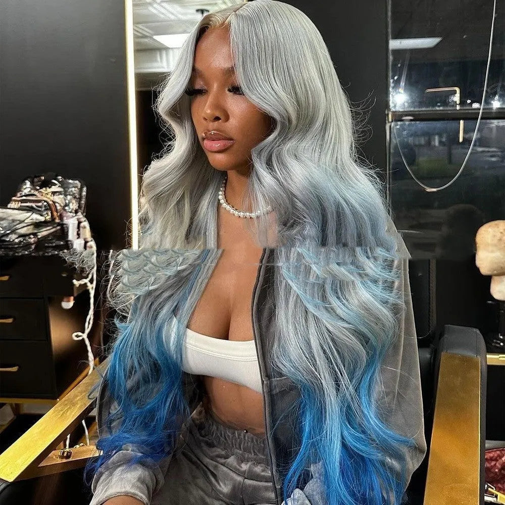 Gradient grey blue human hair wig with transparent Swiss lace front