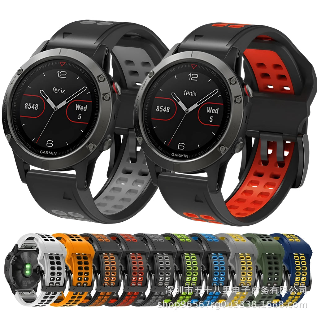 Two-colour silicone watch strap with quick-release pins showing black and orange combination on 22mm width