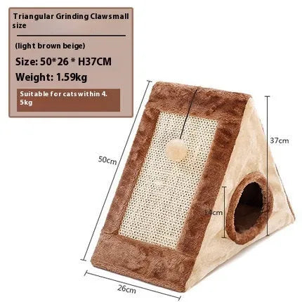Triangular grey and white cat bed with integrated sisal scratching surfaces.