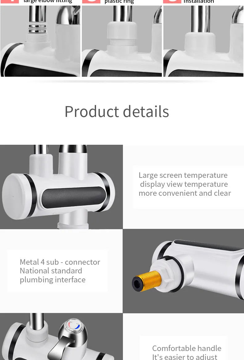White electric water heater tap with digital temperature display showing instant hot water capability
