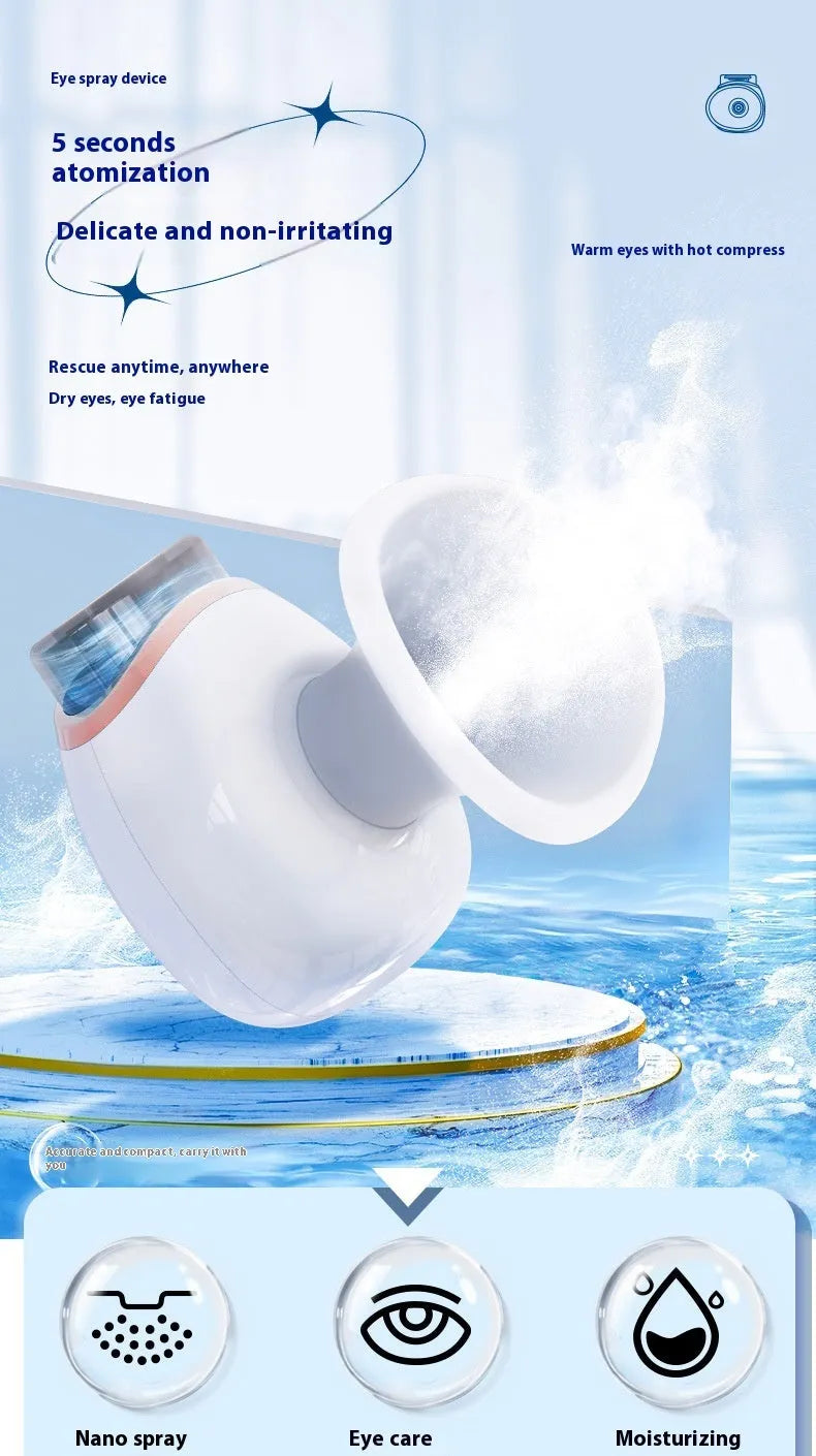 White and purple portable household eye humidifier with charging cable on a table