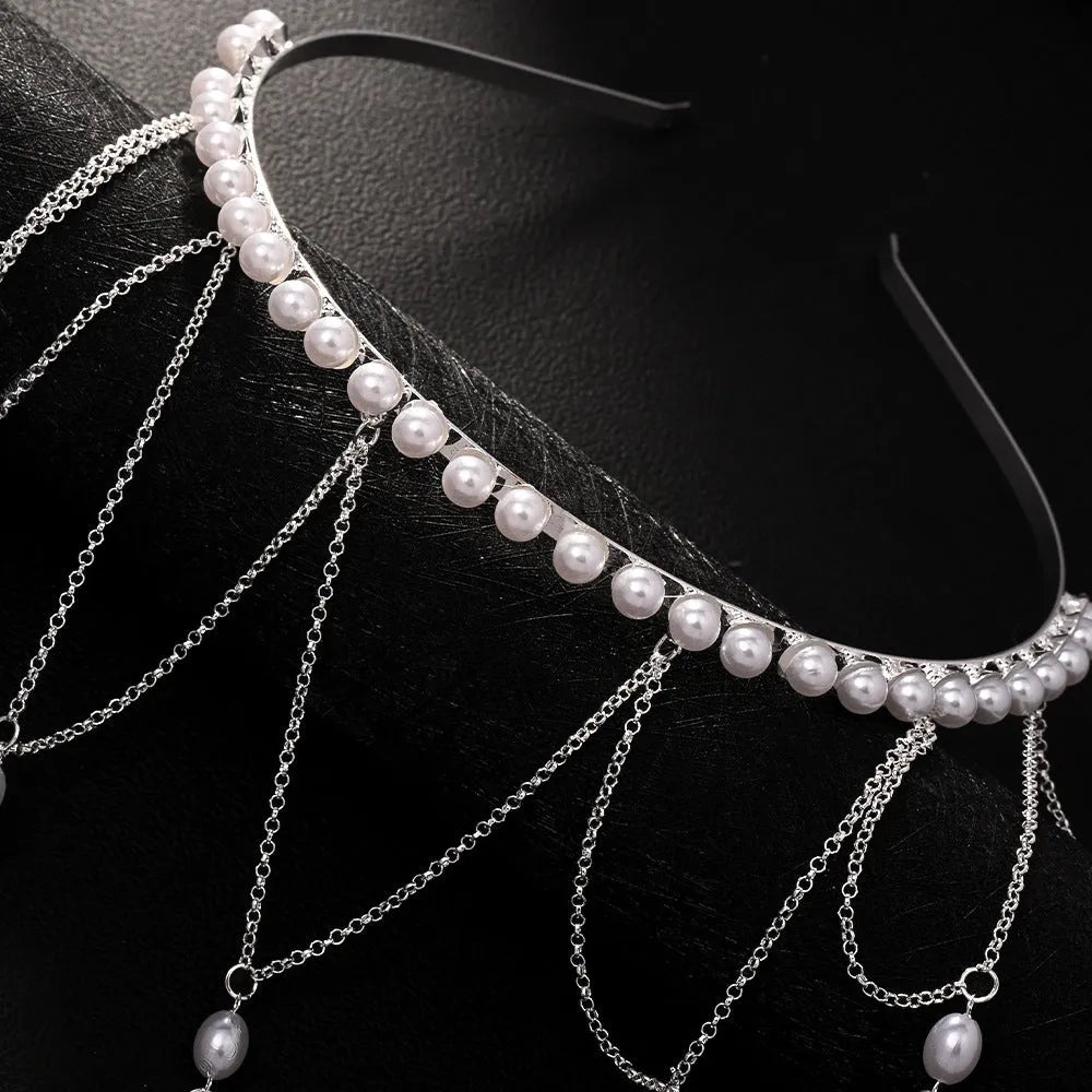 Gold or silver mesh tassel hair chain for women with electroplated pearl construction