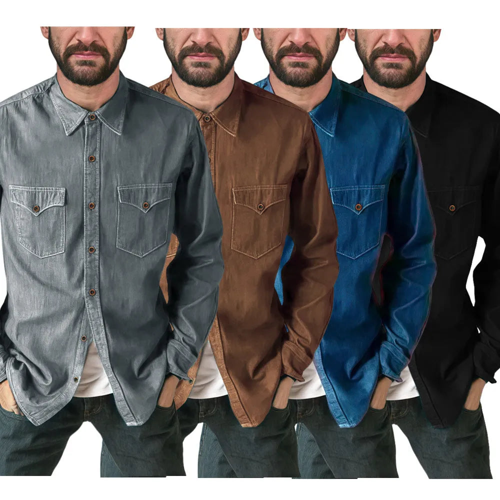 Denim cardigan coat in regular fit shown in khaki, black, blue, and grey colour options.