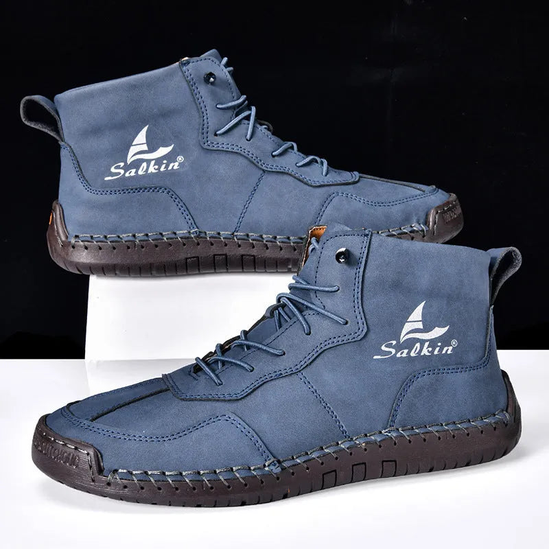 Men's high-top casual boots in artificial PU leather with elastic band and round toe design