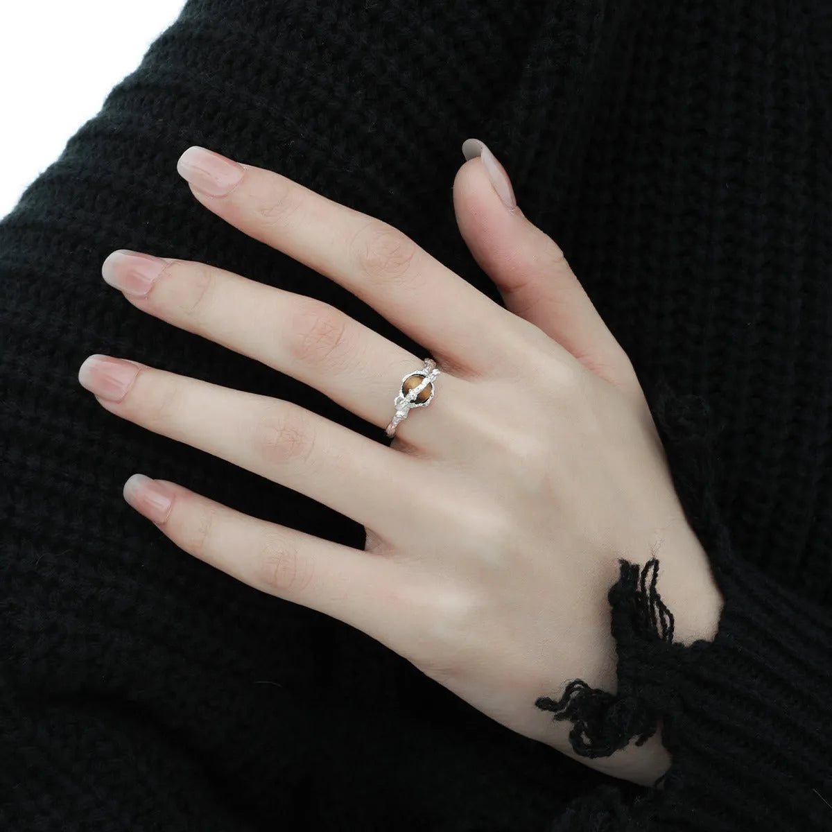 Women's silver Saturn tigereye open ring with adjustable opening and white gold colour finish.