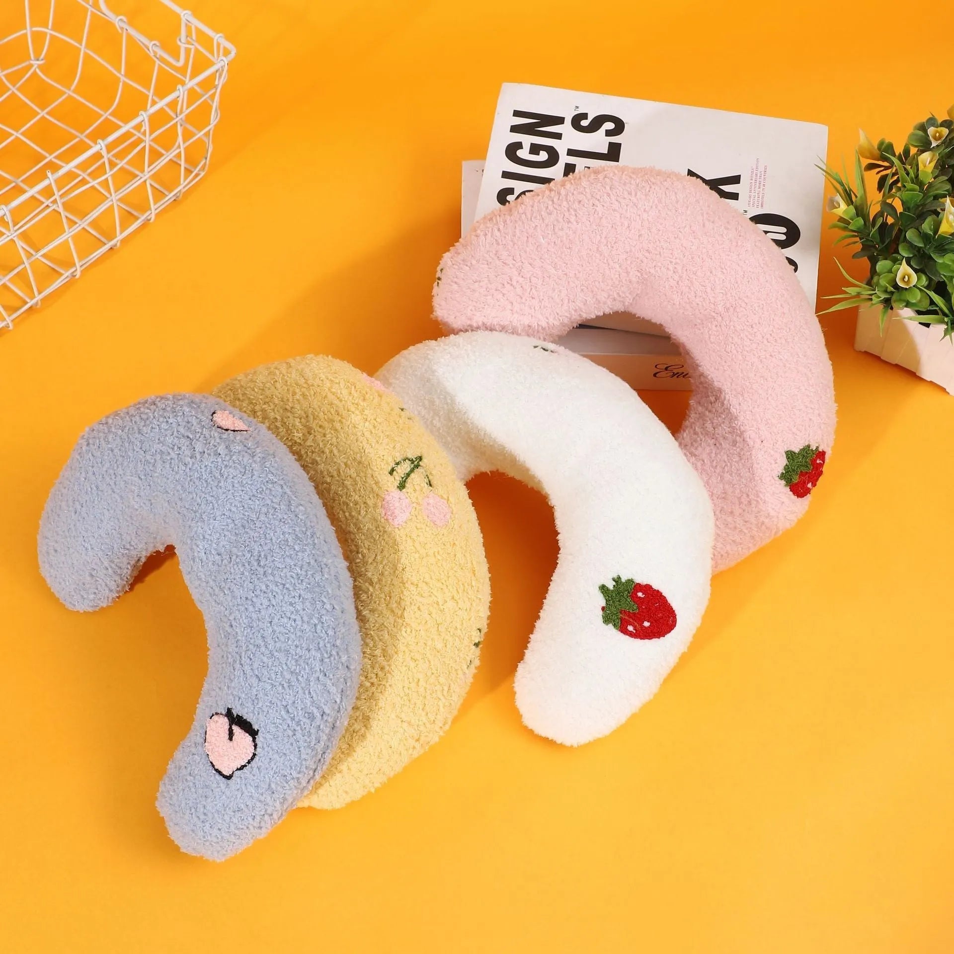 Cat U-shaped half moon pillow bed with cartoon dogs and cats pattern in blue colour